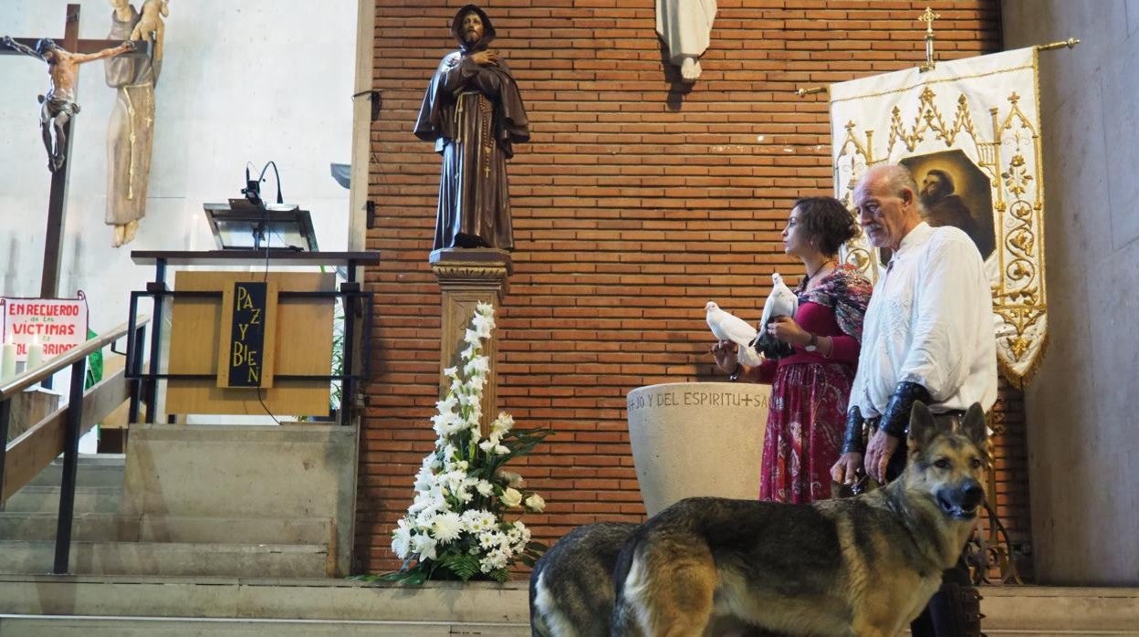 Los lobos y sus cuidadores durante la misa en Padres Franciscanos, Valladolid