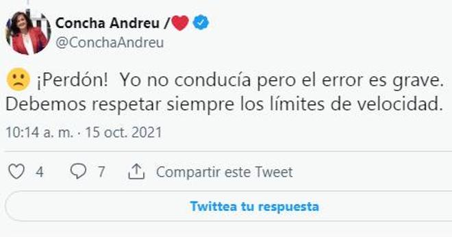 Tuit de la presidenta Concha Andreu