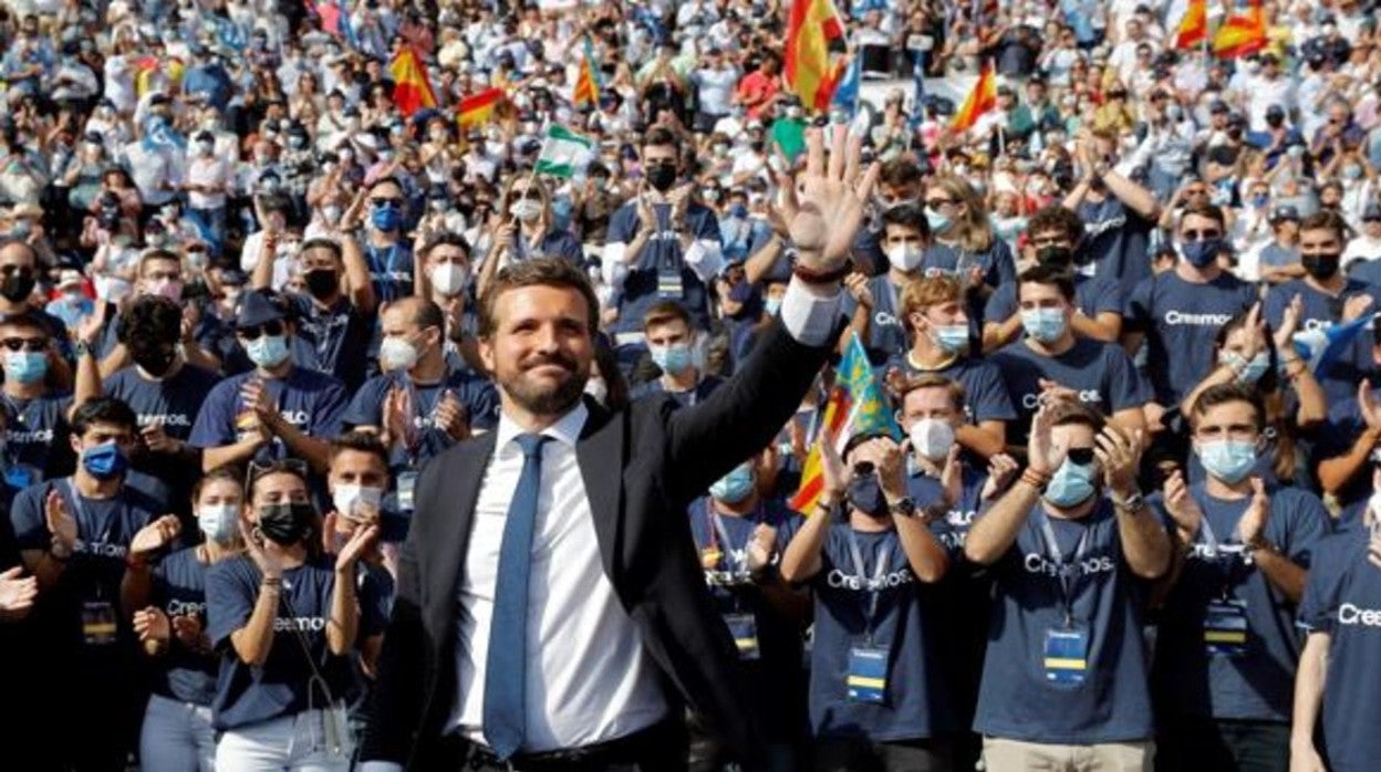 El presidente del PP, Pablo Casado, en la plaza de toros de Valencia, el pasado 3 de octubre