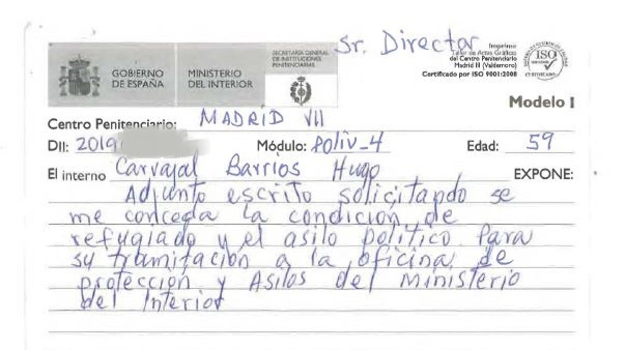 Solicitud de asilo presentada por Hugo Carvajal en la prisión de estremera (Madrid)