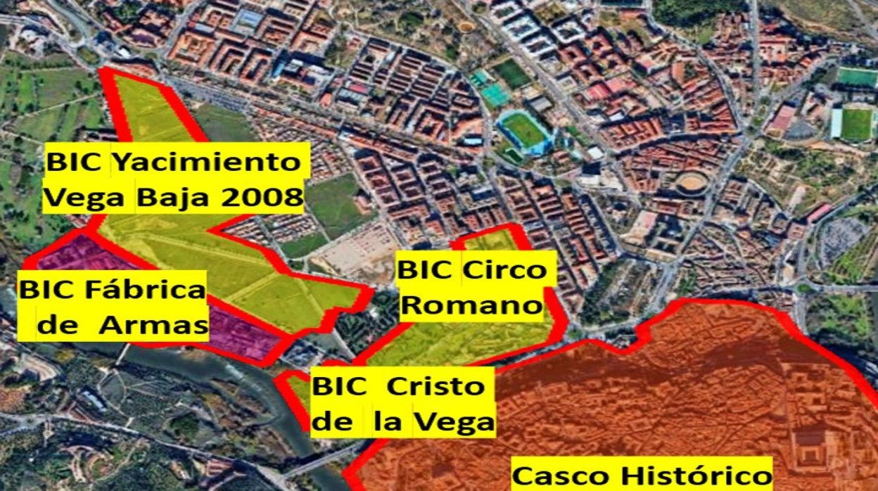 Ámbito territorial del Convenio Marco Vega Baja: BIC Circo Romano, BIC Cristo de la Vega y BIC Ampliación Yacimiento Arqueológico Vega Baja. Fuente: A. Zárate sobre Google Earth.