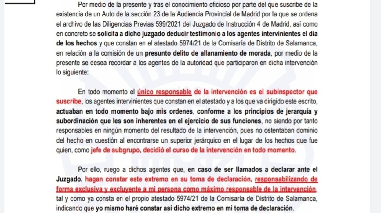 Nota interna enviada y firmada por el subinspector a sus compañeros el 19 de junio