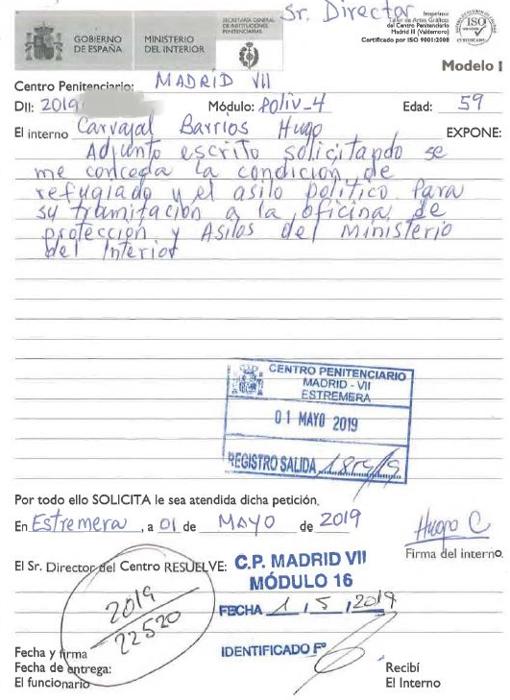 Solicitud de asilo presentada por Hugo Carvajal en la prisión de estremera (Madrid)
