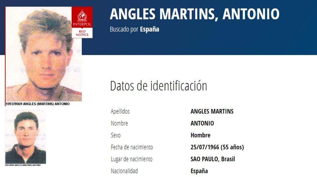 Imagen de la ficha de Antonio Anglés en Interpol tomada este jueves