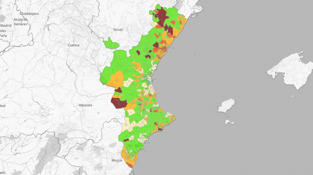 Mapa de los casos de coronavirus detectados en los últimos catorce días en la Comunidad Valenciana