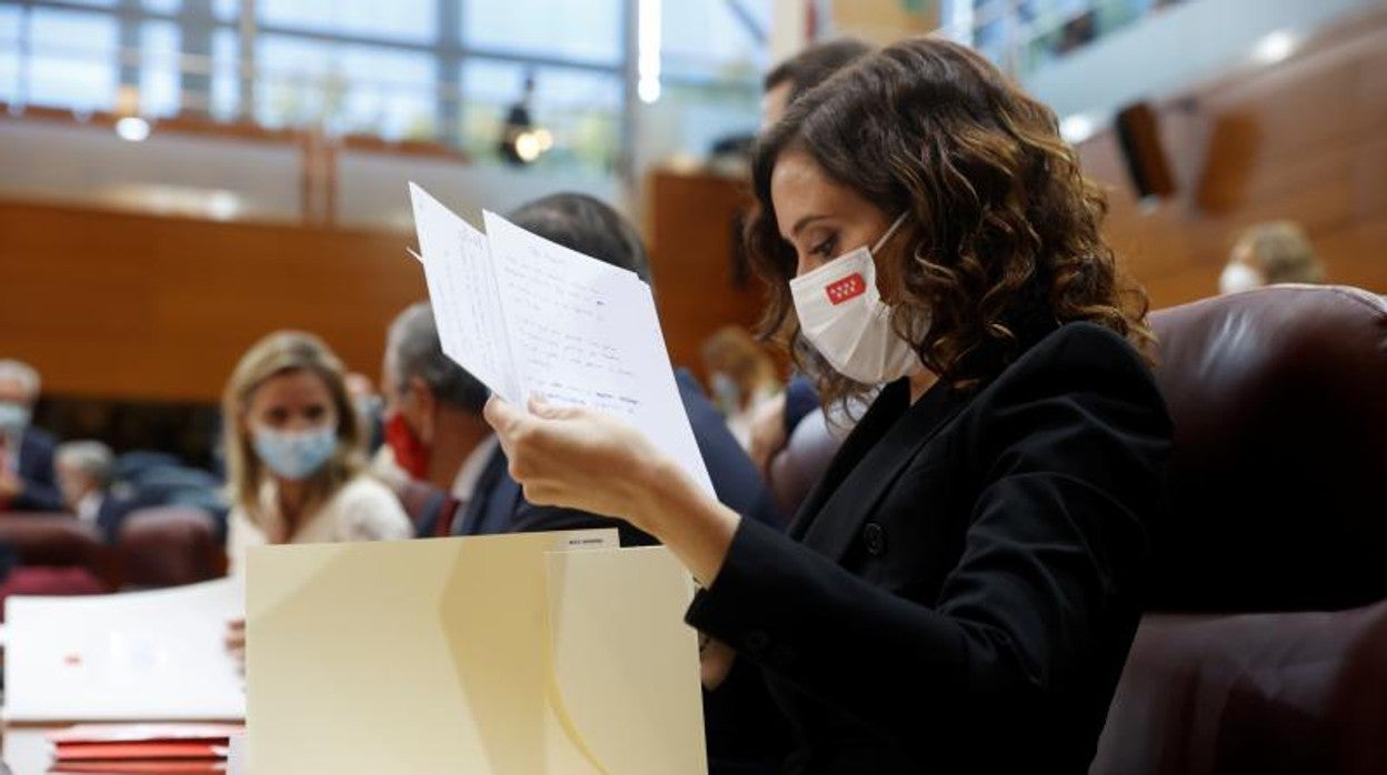 La presidenta de la Comunidad de Madrid, Isabel Díaz Ayuso, esta mañana en la sesión de control en la Asamblea regional