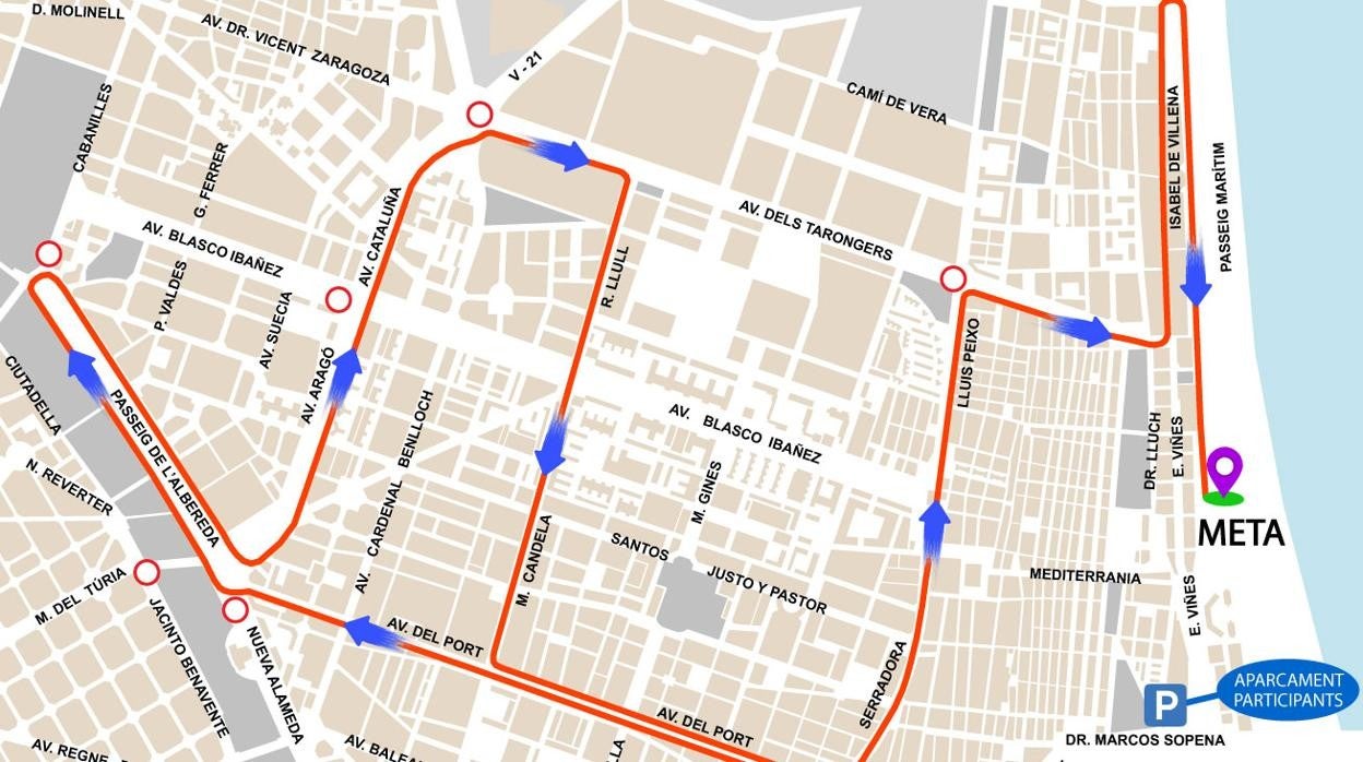 Mapa del recorrido de la carrera «Valencia, abierta al mar» que se celebra este domingo 14 de noviembre