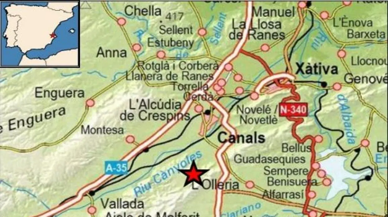Mapa con el punto exacto donde este viernes se ha registrado un terremoto junto a la localidad valenciana de Canals