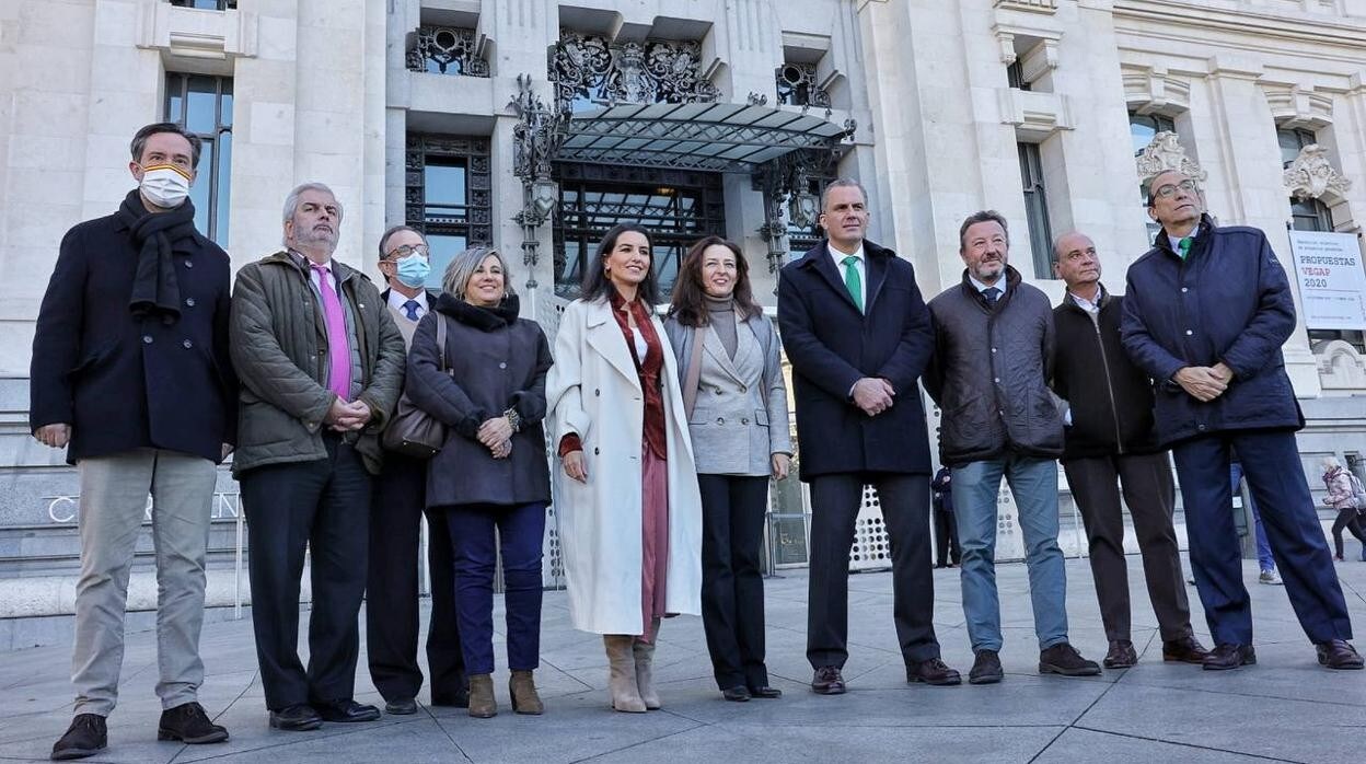 El portavoz de Vox en el Ayuntamiento de Madrid, Javier Ortega Smith, y la líder regional de la formación, Rocío Monasterio, este miércoles en Cibeles tras poner el recurso ante el TSJM