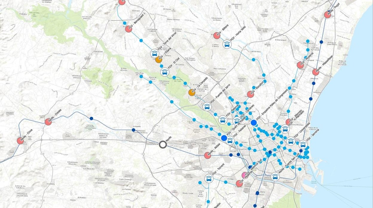 Mapa con algunos de los nuevos aparcamientos disuasorios que pretende construir la Generalitat en el área metropolitana de Valencia