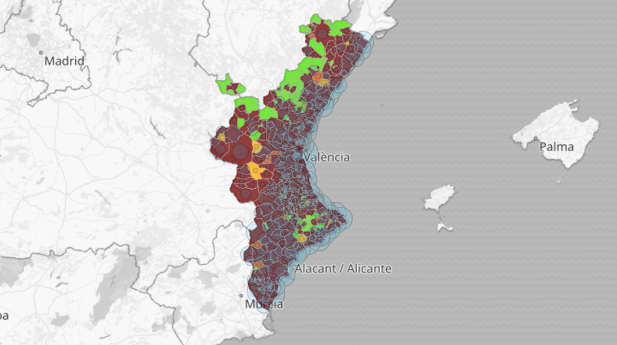 Mapa de la incidencia del coronavirus por municipios de la Comunidad Valenciana en 14 días, según las pruebas PCR y los test de antígenos