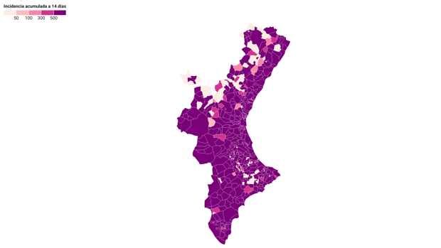 Mapa de los nuevos casos de coronavirus en los 542 municipios de la Comunidad Valenciana