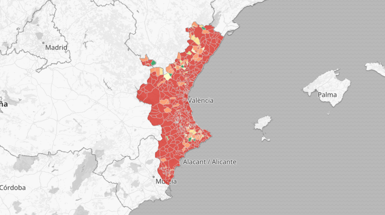 Mapa sobre el total de pruebas PCR realizadas en la Comunidad Valenciana