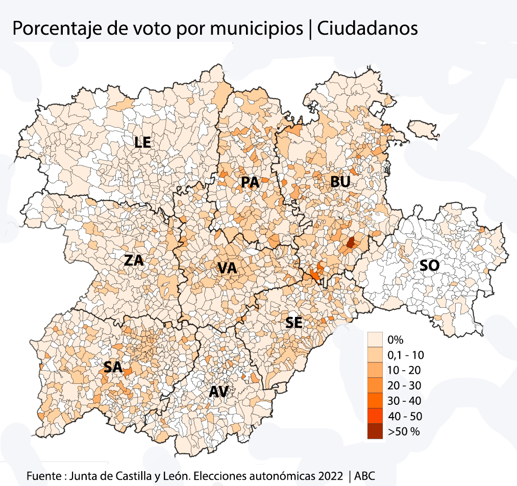 Porcentaje de voto de Vox en las elecciones de Castilla y León 2022 en cada municipio