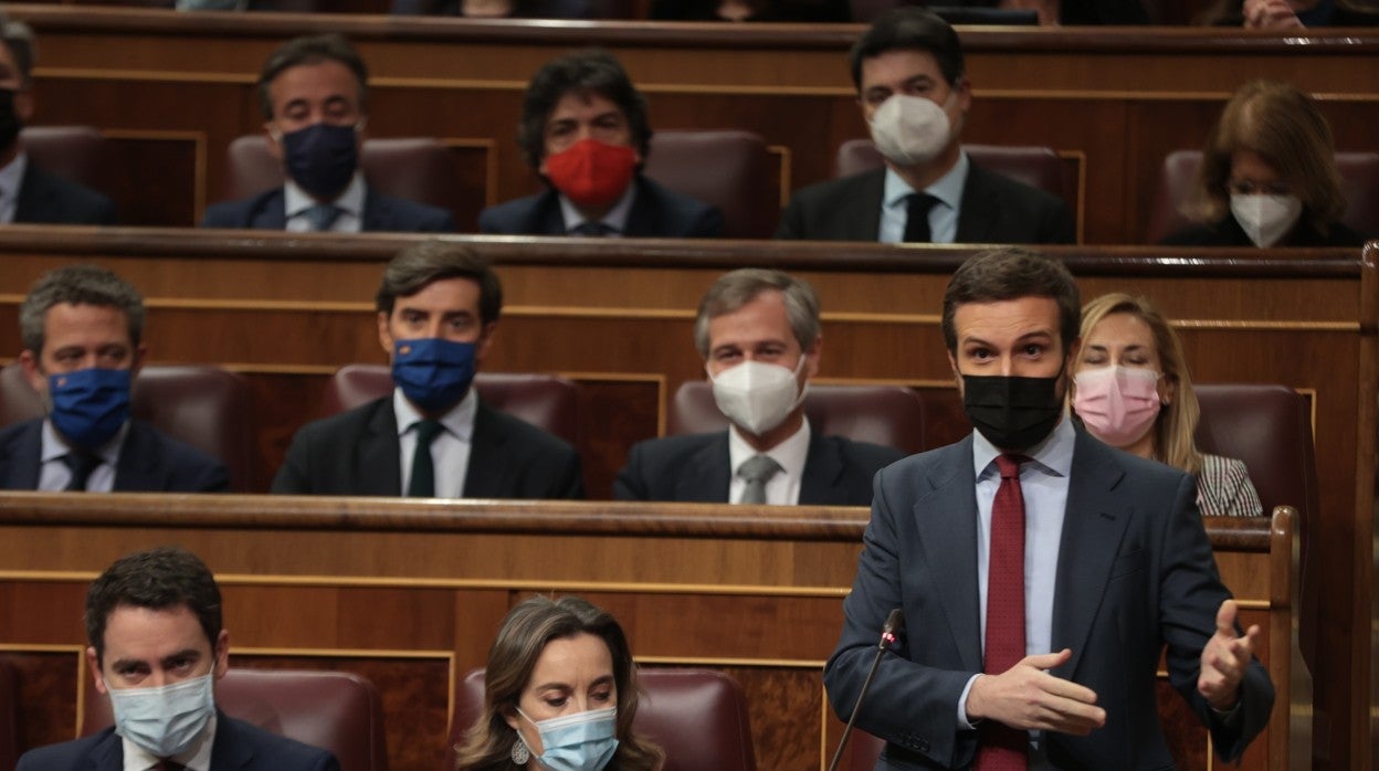El presidente del PP, Pablo Casado, en el Congreso esta semana, en la sesión de control al Gobierno, junto a Teodoro García Egea y Cuca Gamarra