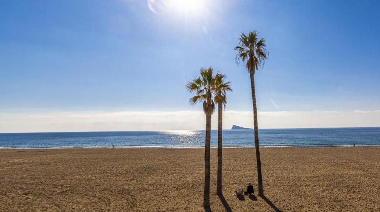 Un turista toma el sol en la playa de Poniente en Benidorm, durante la pandemia