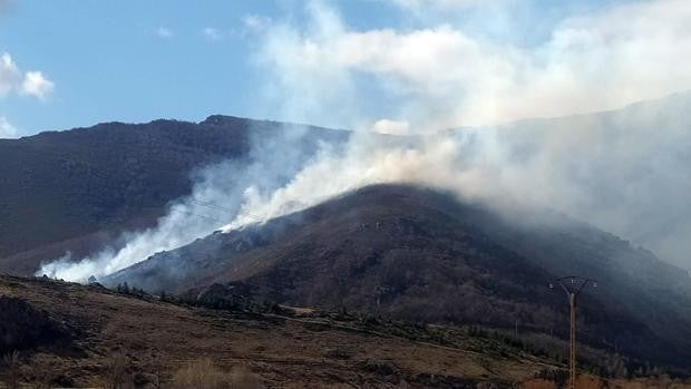 Medios aéreos y terrestres intervienen en un incendio forestal en Sena de Luna (León)