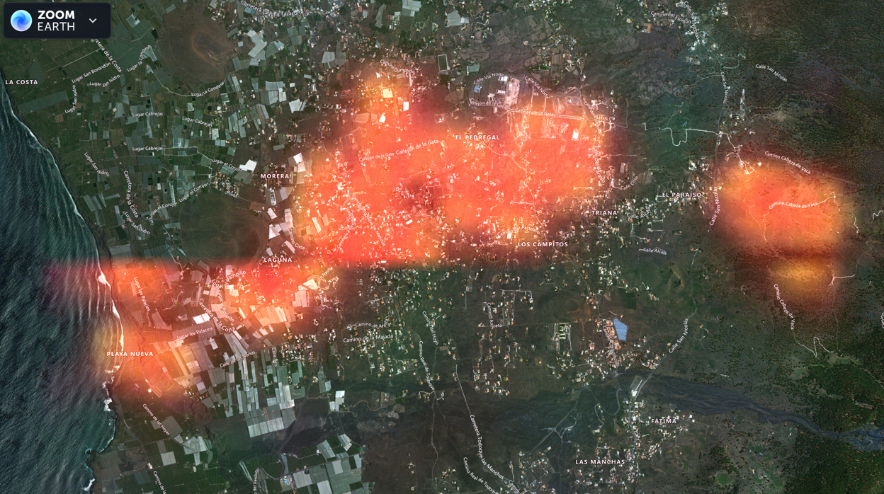 Mapa satelital de puntos de calor en La Palma