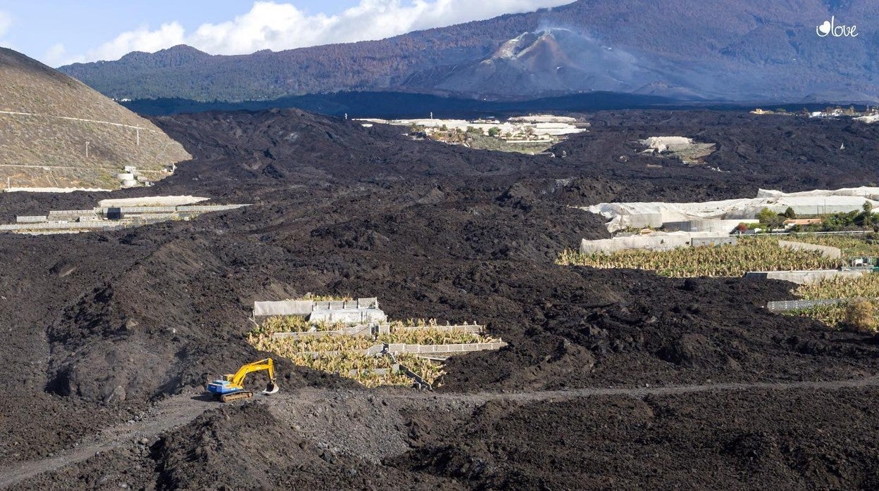 Una excavadora trabaja sobre una colada de lava en La Palma