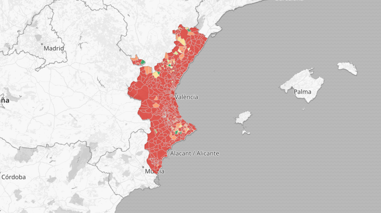 Mapa sobre el total de pruebas PCR realizadas en la Comunidad Valenciana