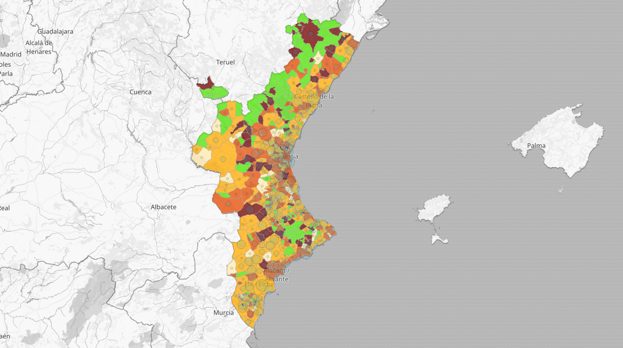 Mapa de los casos de coronavirus en la Comunidad Valenciana en los últimos catorce días