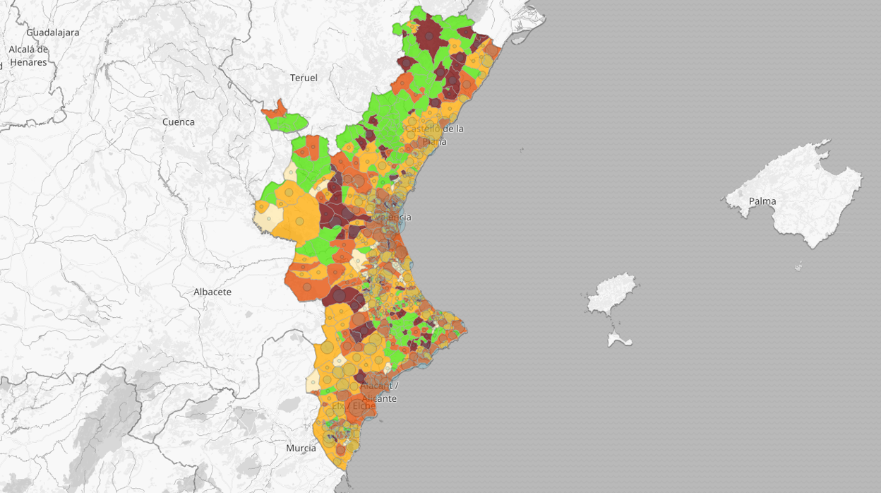 Mapa de los positivos por coronavirus en la Comunidad Valenciana en los últimos catorce días