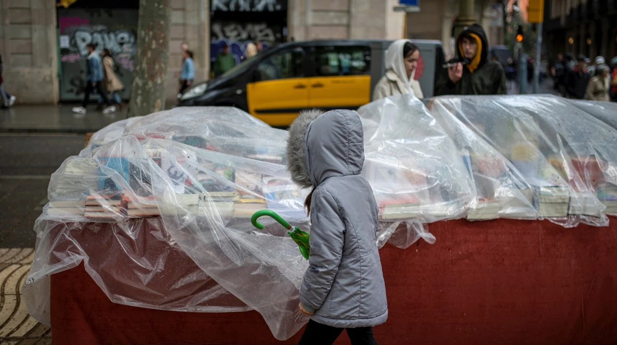 Un puesto de libros cubierto con plásticos para protegerse de la lluvia