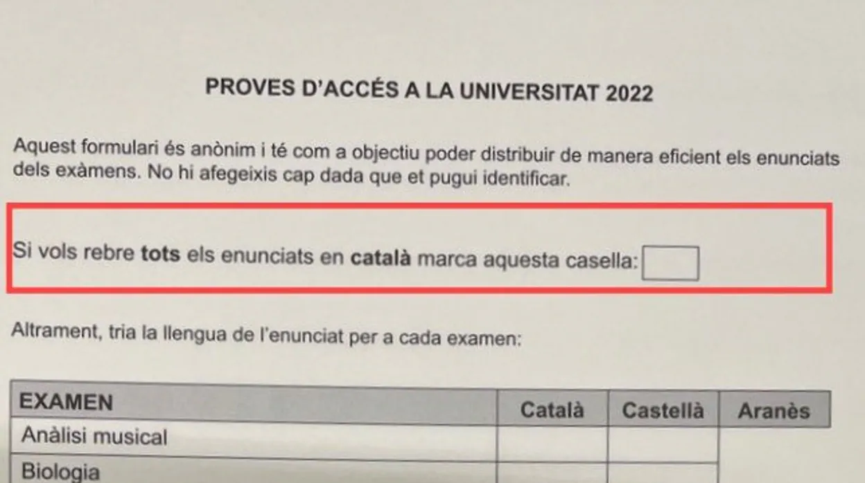 En esta casilla previa se pregunta a los alumnos si quieren recibir todas las pruebas en catalán