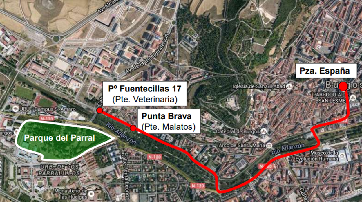 Recorrido del servicio gratuito de transporte público hasta el Parque del Parral en Burgos