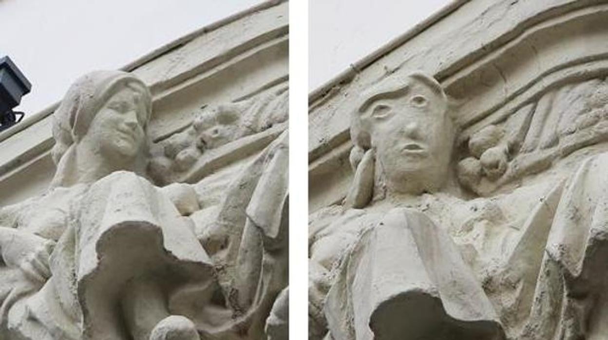 Original del relieve en la fachada del edificio (izquierda) y destrozo previo a la restauración