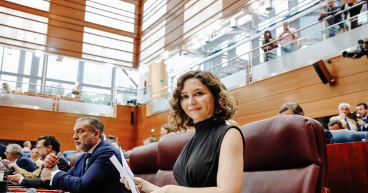 La presidenta de la Comunidad de Madrid, Isabel Díaz Ayuso, esta mañana en el pleno de la Asamblea