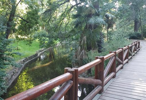 Puente de madera que va hacia una zona más tranquila de El Retiro