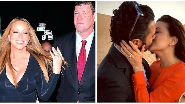 Mariah Carey con James Packer; a la derecha, Eva Longoria besa a su prometido, Pepe Bastón