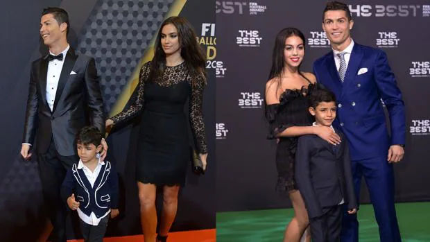 A la izquierda, Cristiano Ronaldo con Irina Shayk y Cristiano Ronaldo Jr. en la gala de los premios Balón de Oro en Zúrich en 2014. A la derecha, el pasado 13 de enero con Georgina Rodríguez los premios The Best en Zúrich