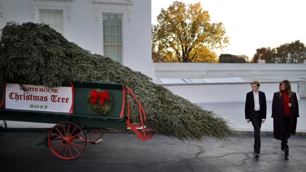 Melania Trump y su hijo reciben su primer árbol de Navidad de la Casa Blanca