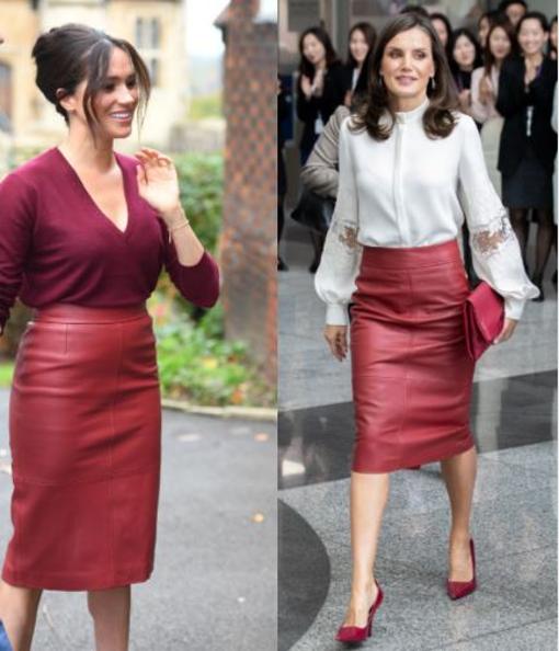 Meghan Markle le copia la falda roja de cuero a la Reina Letizia