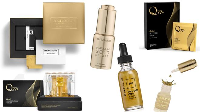 De izda. a dcha.: 24 Karat Pure Gold Mask, de Mimi Luzon (340€). Gold regeneration cream, de Q77+ (290€). Platinum Gold Elixir, de Dr. Sebag (515 €). 24 Karat Pure Gold Super Oil Glow Brilliant, de Mimi Luzon (230€). Gold Booster Mask, de Q77+ (120€). Suero de oro y perlas, de Thalissi (C.P.V.).