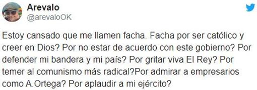 Arévalo, harto de que le llamen facha «por creer en Dios, no apoyar este Gobierno y defender mi bandera»