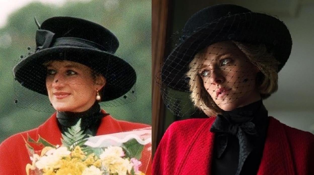 Diana de Gales a principios dde los 80; der., Kristen Stewart en «Spencer»