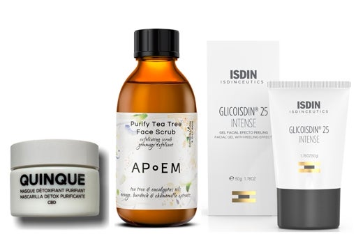 Mascarilla Détox Purificante CBD de Quinque (34,50 €), actúa como una ligera exfoliación mecánica.; Exfoliante equilibrante Purify Tea Tree Face Scrub de Apoem (39 €); y Glicoisdin Gel 25 Intense de Isdin con ácido glicólico (36,95 €).