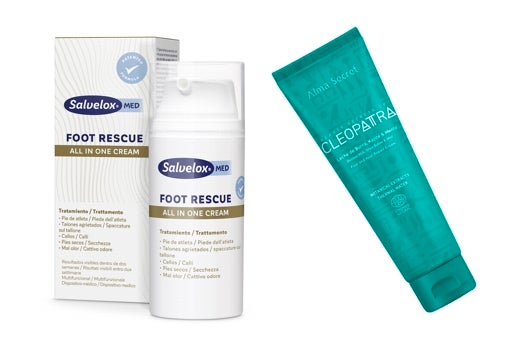 De izquierda a derecha: Crema para pies con acción fungicida e hidratante Salvelox Foot Rescue all in one cream (22,95 €); Crema ultra hidratante de talones y pies de Alma Secret (15 €).