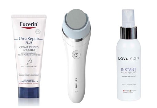 De izquierda a derecha: Eucerin UreaRepair Plus Crema de pies 10% urea (11,25 €); Lima eléctrica para pies Philips Pedi Advanced (60 €); Exfoliante para pies Lova Skin Instant Foot Peeling Kit (64 €).