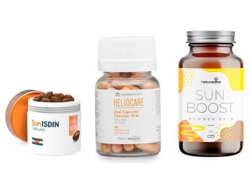 De izquierda a derecha: SunIsdin cápsulas solares de Isdin (27,95 €); Heliocare Oral Cápsulas de Cantabria Labs (34,14 €); Cápsulas orales Sun Boost Summer Skin de Naturadika (24,95 €).