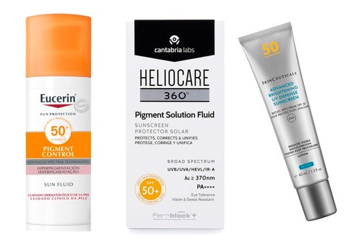 De izquierda a derecha: Protector solar para pieles con manchas Eucerin® Sun Fluid Pigment Control FPS 50+ (18,10 €); Protector solar para pieles con manchas Heliocare 360º Pigment Solution Fluid de Cantabria Labs (23,62 €); Fotocorrector Advanced Brightening UV Defense SPF 50 de SkinCeuticals (45 €).