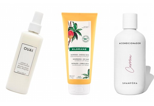 De izquierda a derecha: Acondicionador sin aclarado Leave In Conditioner de Ouai (27,99 €, solo en Sephora); Acondicionador desenredante exprés Mango de Klorane (13,45 €); Acondicionador personalizable de Shampora (12 €).