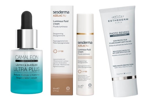 De izquierda a derecha: Ultra Plus Láctico & Glicólico de Camaleon Cosmetics (14,95 €); Fluido luminoso Azelac Ru SPF 50 de Sesderma (34,95 €); Photo-Reverse de Institut Esthederm (68 €).