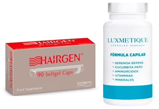 Olyan farma Hairgen cápsulas anticaída (84 €, 90 cápsulas) y Fórmula Capilar de Luxmetique (35,50 €).