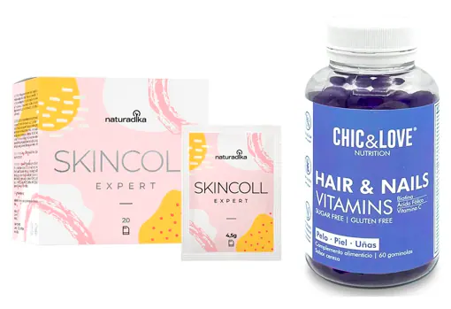 Suplemento de colágeno Skincoll Expert de Naturadika (29,95 €) y Complementos alimenticios para el pelo, la piel y la uñas Hair & Nails Vitamins de Chic & Love (19,99 €)