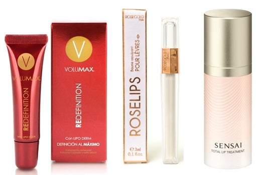 De izquierda a derecha: Bálsamo labial antiedad y redensificante Volumax Redefinition de Laboratorios Phergal (13,46 €); Bálsamo labial con efecto voluminizador Roselips de Rosegold Paris (27,90 €); Tratamiento antiedad intensivo par los labios y su contorno Total Lip Treatment de Sensai (116 €).