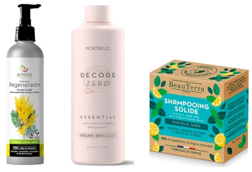 De izquierda a derecha: Champú Regenerador de Armonía cosmética natural (13,50 €); Champú de uso frecuente Essential de Decode Zero (13,50 €); Champú sólido para cabello graso Menta con cáscara de limón de BeauTerra (8,95 €).